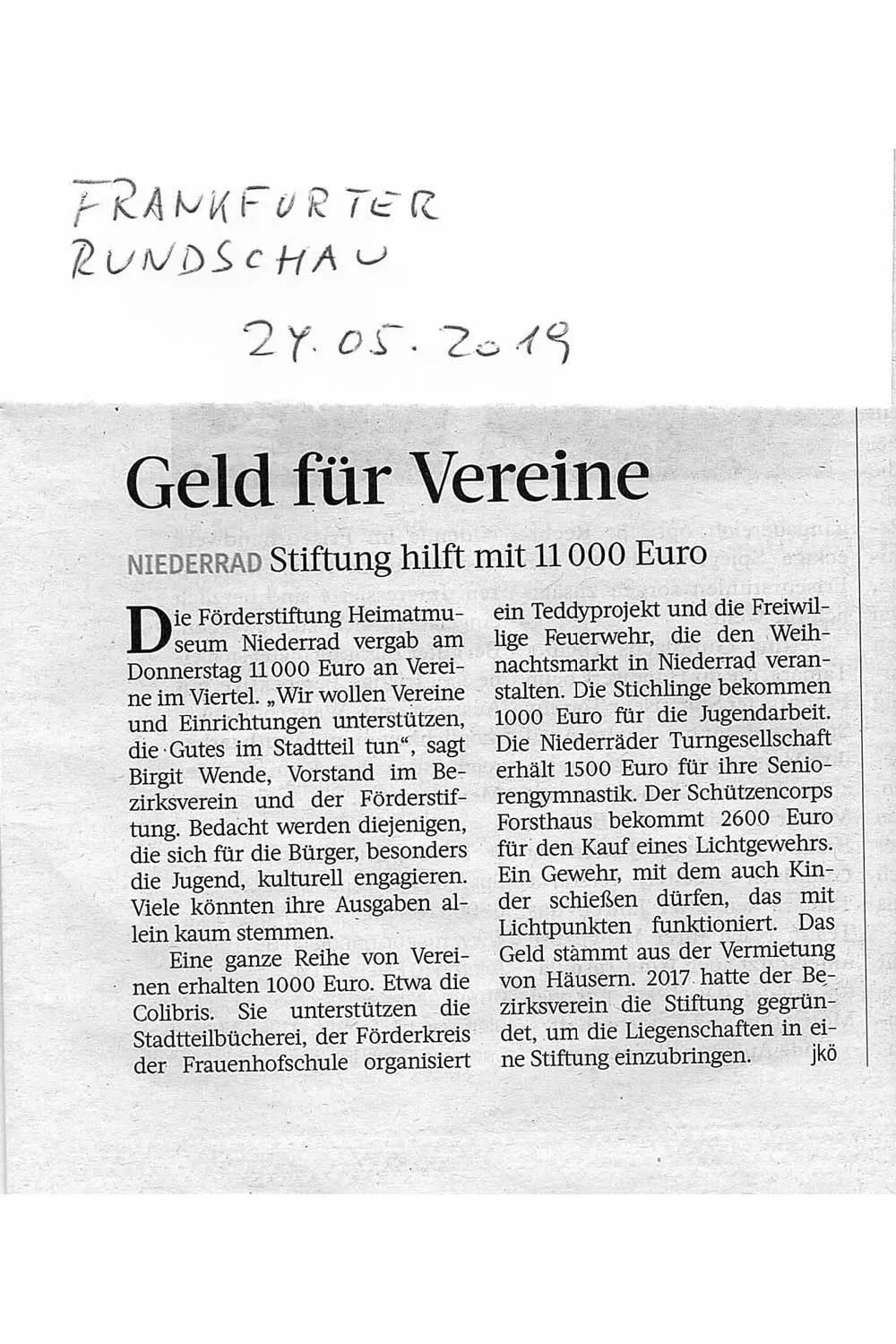 24.05.2019 Frankfurter Rundschau - Spendenübergabe