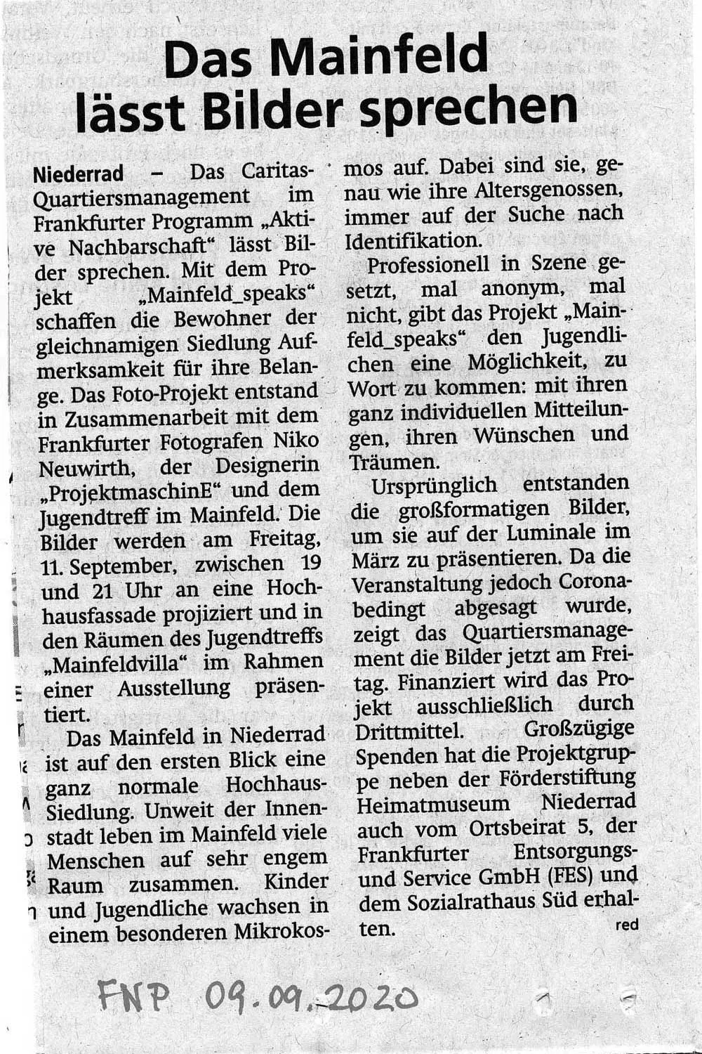 09.09.2020 Frankfurter Neue Presse - Mainfeld speaks